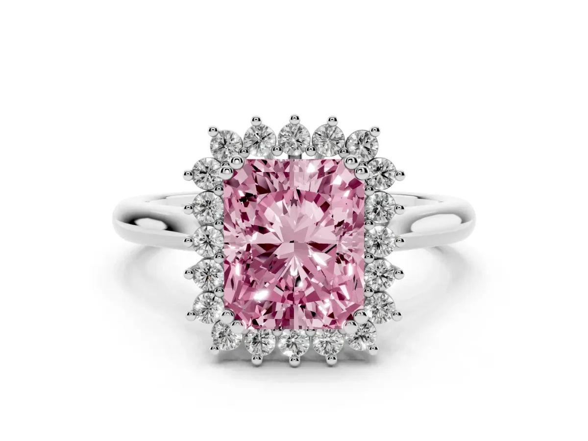 Fancy Pink Radiant Cut Cut Diamond Halo Ring with Solitaire Band and Prong Setting Platinum