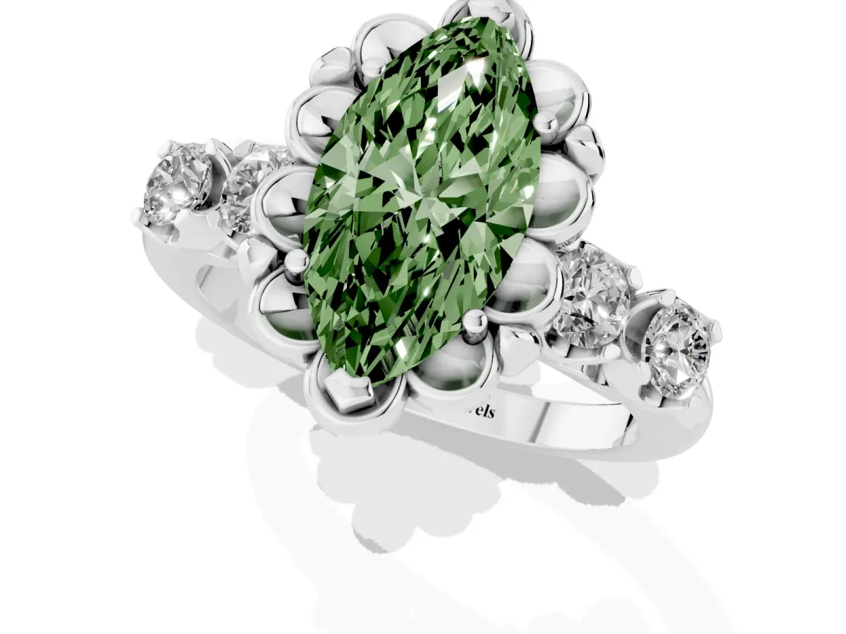 Fancy Green Marquise Cut Cut Diamond Floral Halo Engagement Ring with Shared Prong Setting Silver