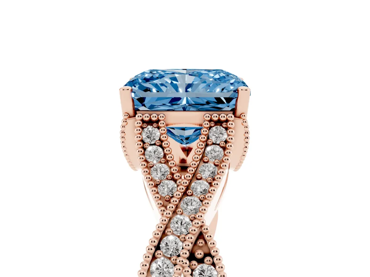 Fancy Blue Radiant Cut Cut Diamond Twisted Band with Milgrain Pave Setting and Four-Prong Setting Rose gold
