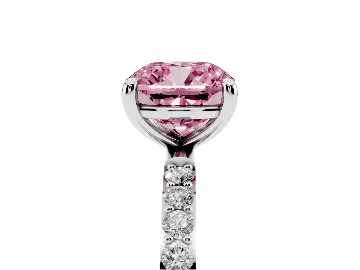Fancy Pink Cushion Cut Diamond Solitaire Ring with Round Pavé Band and Prong Setting Silver
