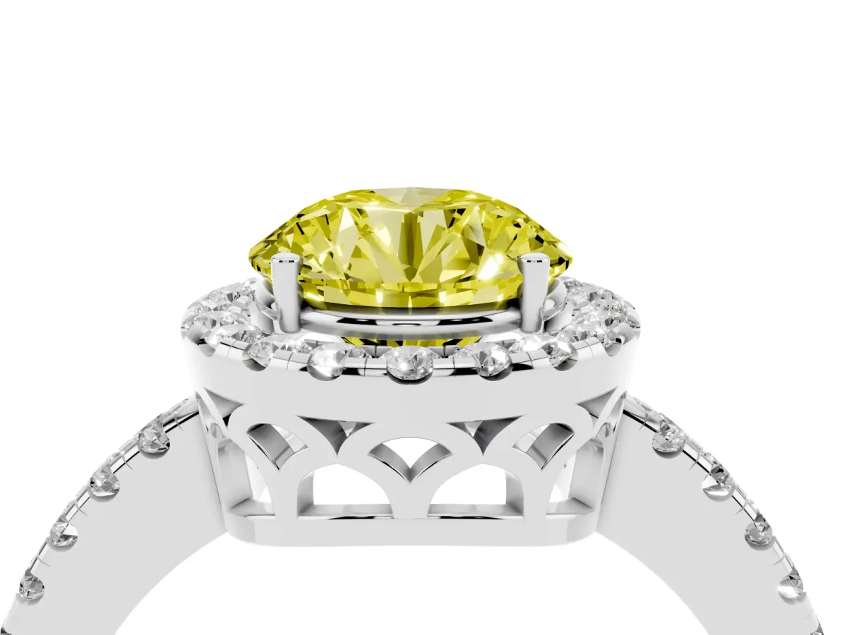 Fancy Yellow Round Cut Halo Diamond Engagement Ring with Pavé Band and Four-Prong Setting Silver