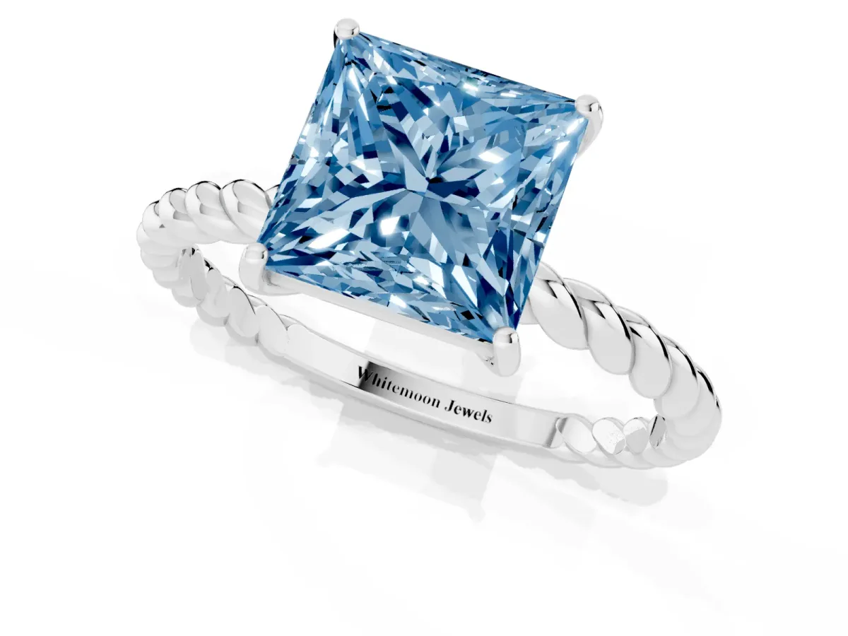Fancy Blue Princess Cut Solitaire Twisted Band 4-Prong Ring Platinum