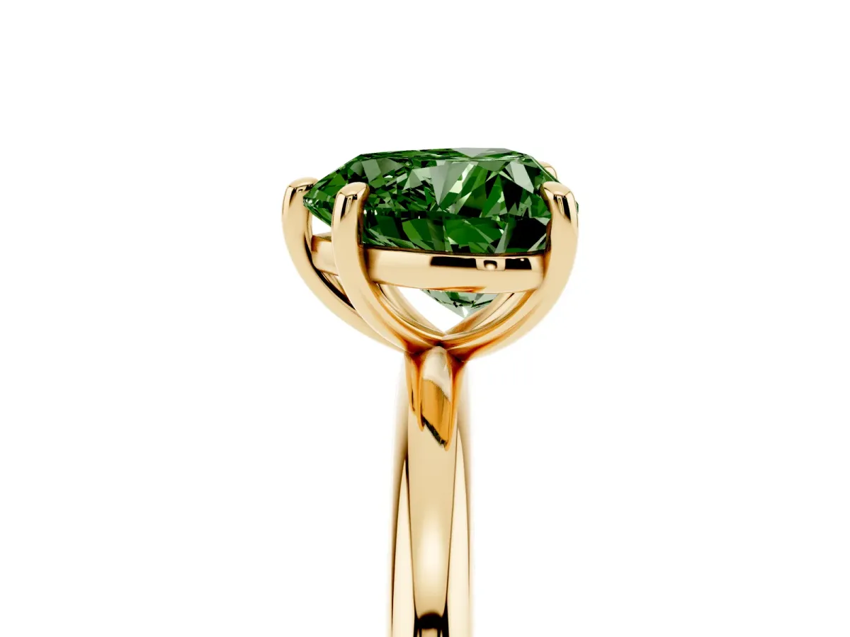 Fancy Green Heart Cut Solitaire Diamond Ring with Four-Prong Setting on a Plain Band Yellow gold