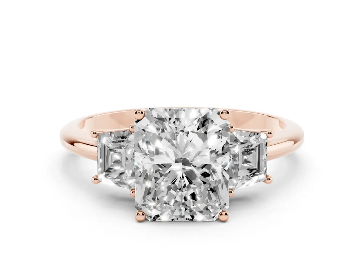 Radiant Cut Diamond Three-Stone Ring with Trapezoid Side Stones and Prong Setting Rose gold
