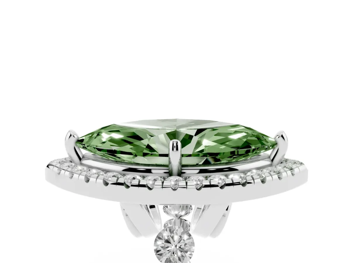 Fancy Green Marquise Cut Halo Pavé Diamond Engagement Ring with Four-Prong Setting Silver