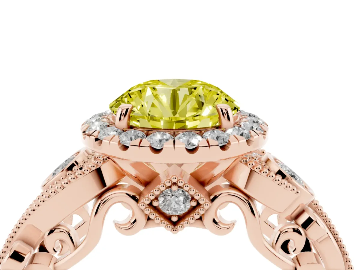 Fancy Yellow Round Cut Diamond Halo Ring with Milgrain Pavé Band and Four-Prong Setting Rose gold