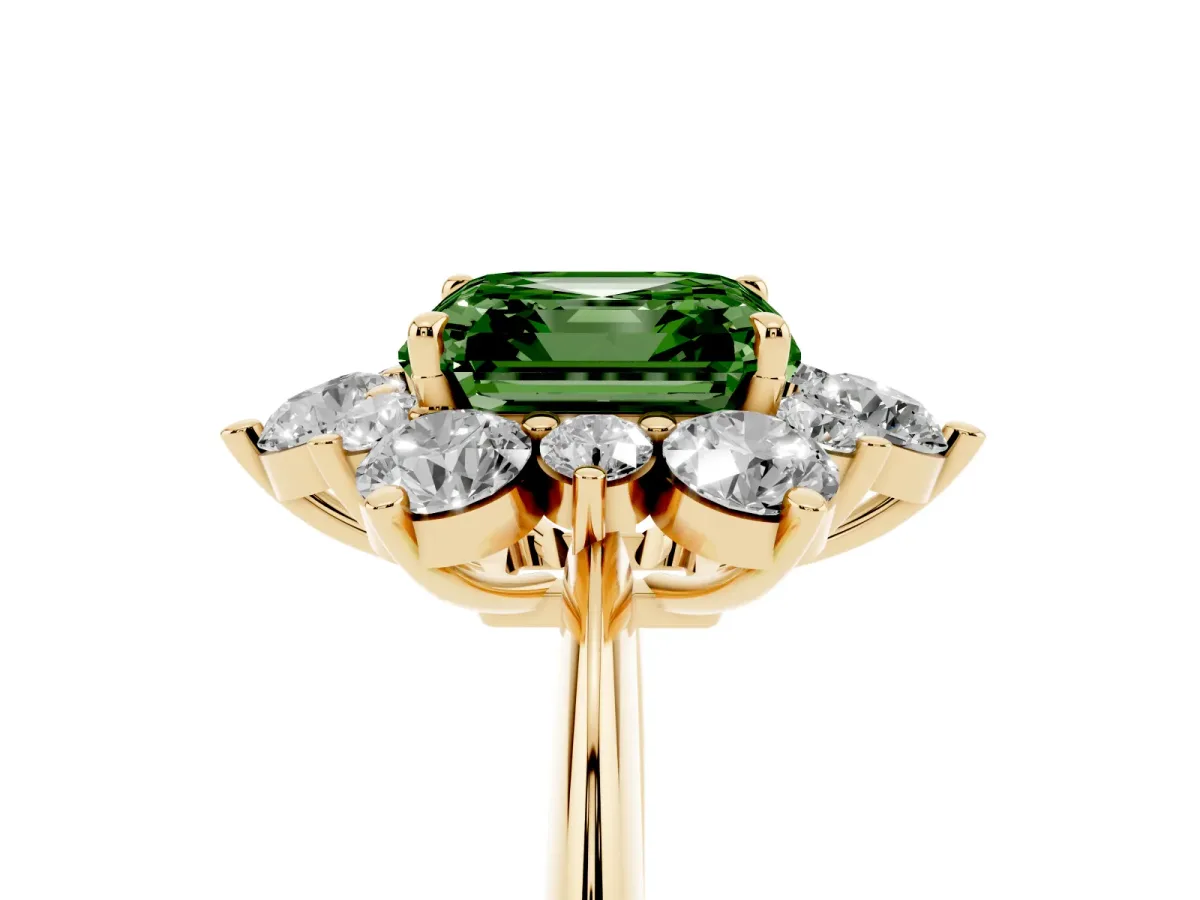 Fancy Green Asscher Cut Diamond Cluster Halo Ring with Solitaire Band and Four-Prong Setting Yellow gold