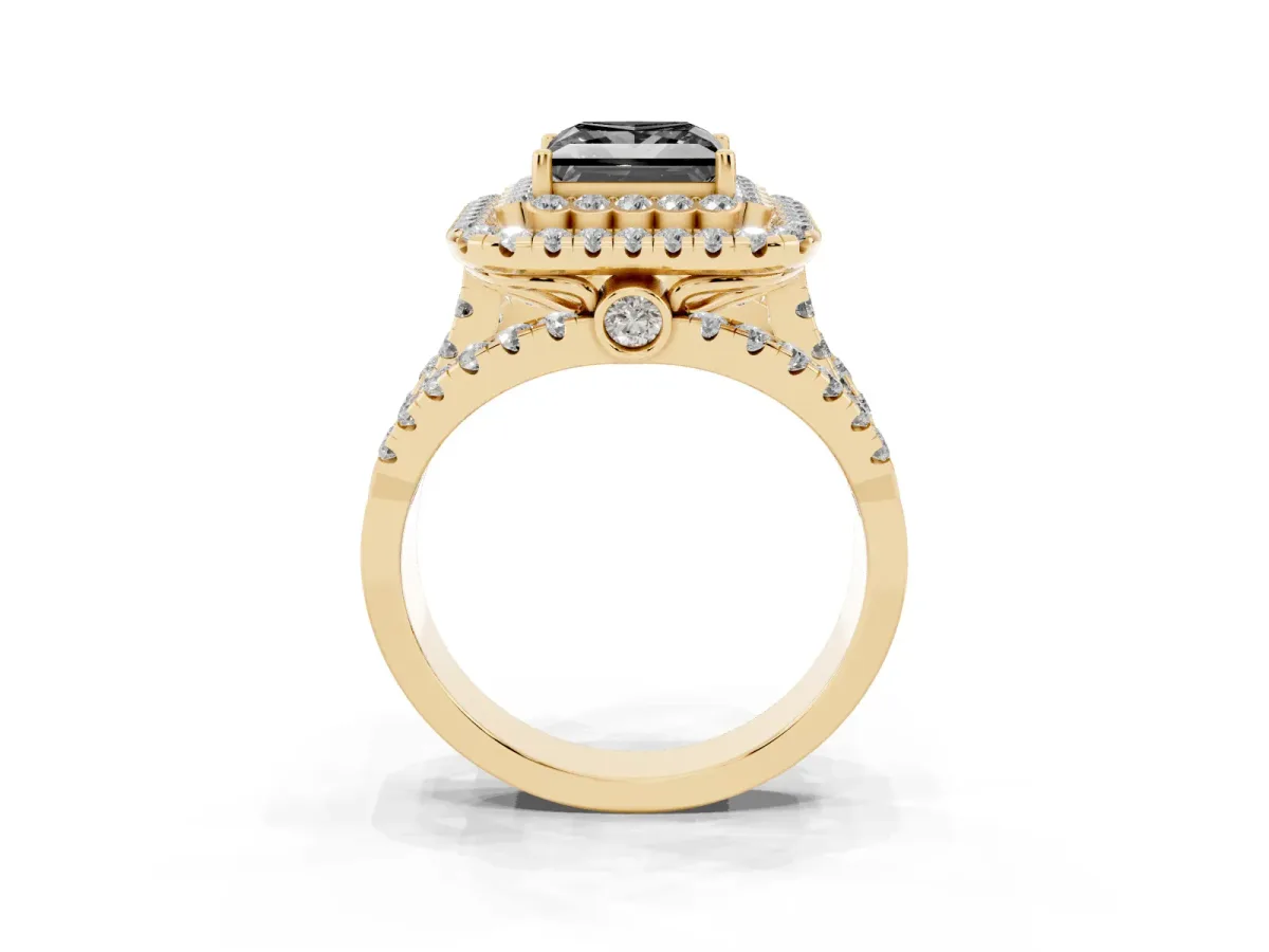 Fancy Black Princess Cut Diamond Double Halo Ring with Round Pavé Split Shank and Prong Setting Yellow gold