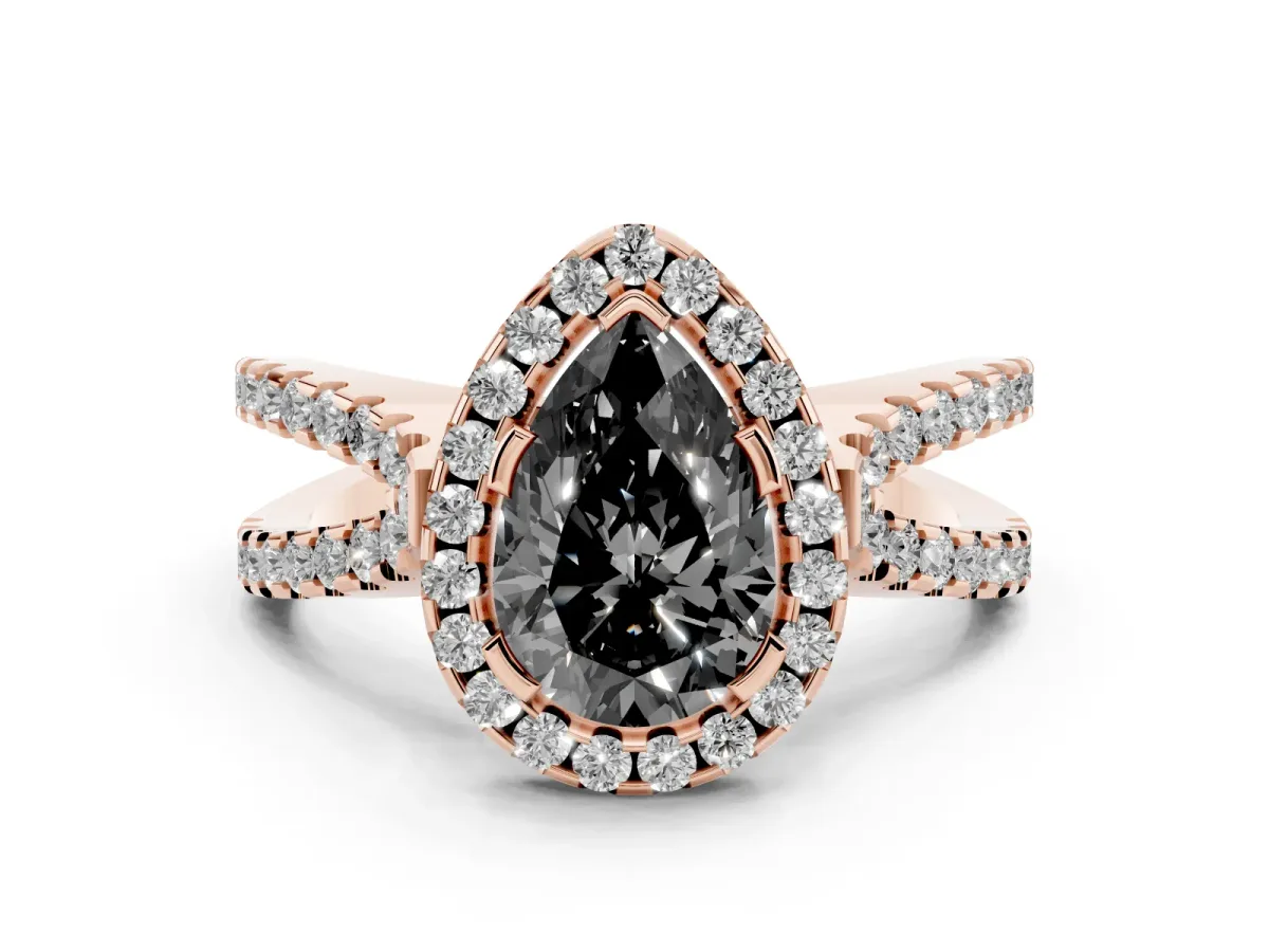 Fancy Black Pear Cut Diamond Halo Ring with Split Shank Pavé Band and Prong Setting Rose gold