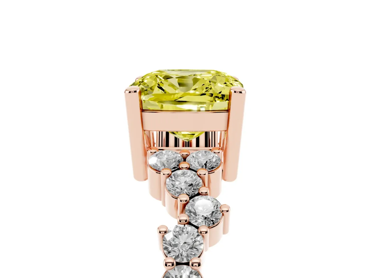 Fancy Yellow Cushion Cut Diamond Scattered Round Accent Ring with Prong Setting Rose gold