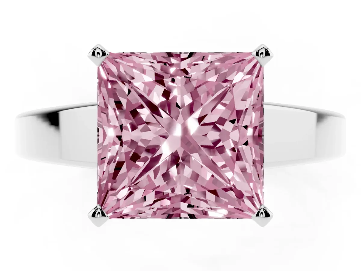 Fancy Pink Princess Cut Solitaire Engagement Ring with Four-Prong Setting and Tapered Band Platinum