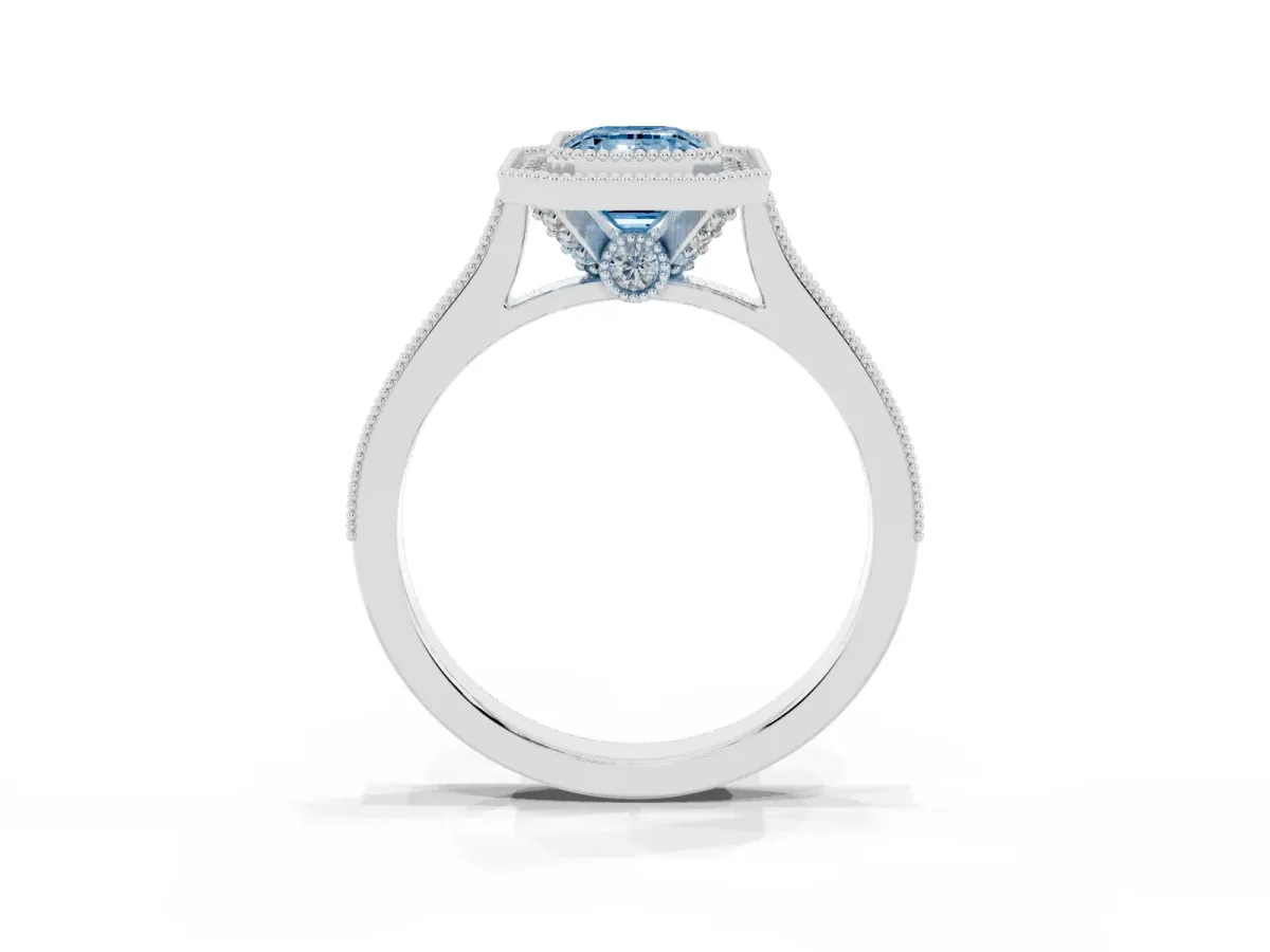 Fancy Blue Halo Emerald Cut-Cut Diamond Pave Band Milgrain Prong Setting Ring Silver