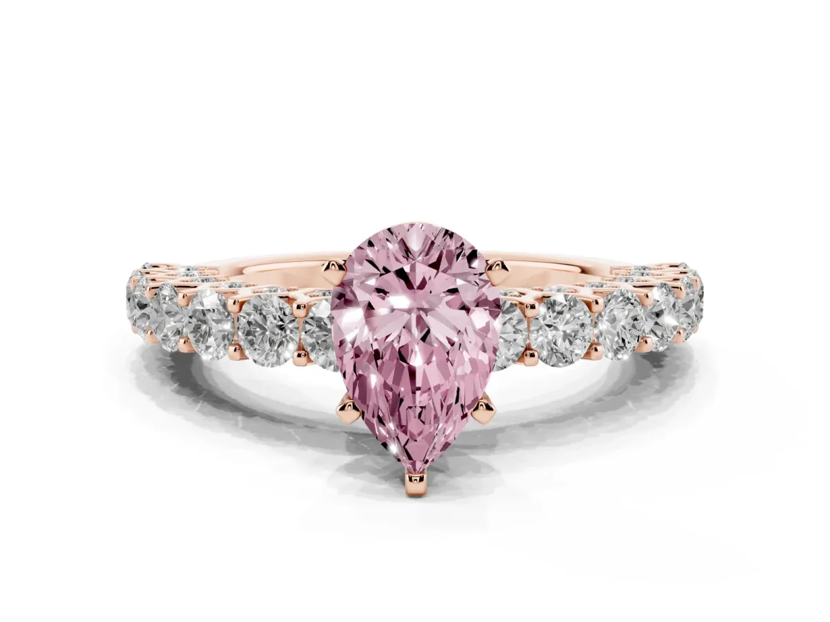 Fancy Pink Pear Cut Diamond Solitaire Ring with Shared Prong Pavé Band and Four-Prong Setting Rose gold
