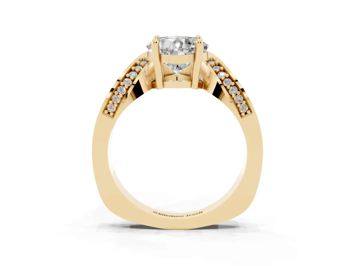 Cushion Cut Solitaire Diamond Engagement Ring with Pave Band and Four-Prong Setting Yellow gold