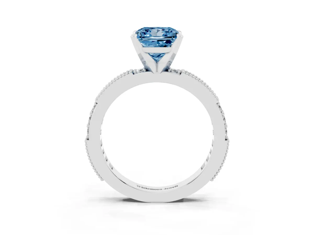 Fancy Blue Princess Cut Solitaire with Pavé Band and Four-Prong Setting Silver