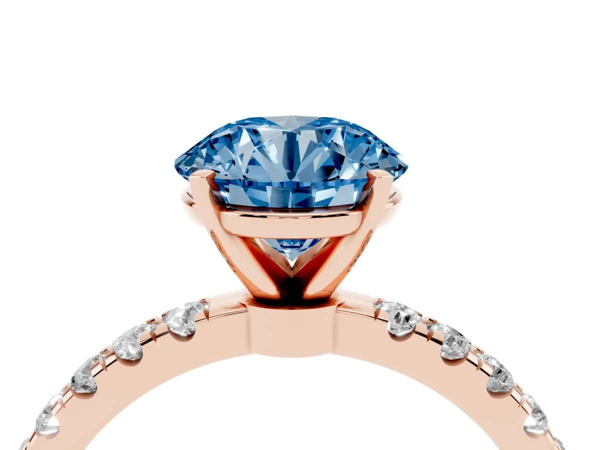 Fancy Blue Round Cut Diamond Solitaire Ring with Pavé Accents and Four-Prong Setting Rose gold