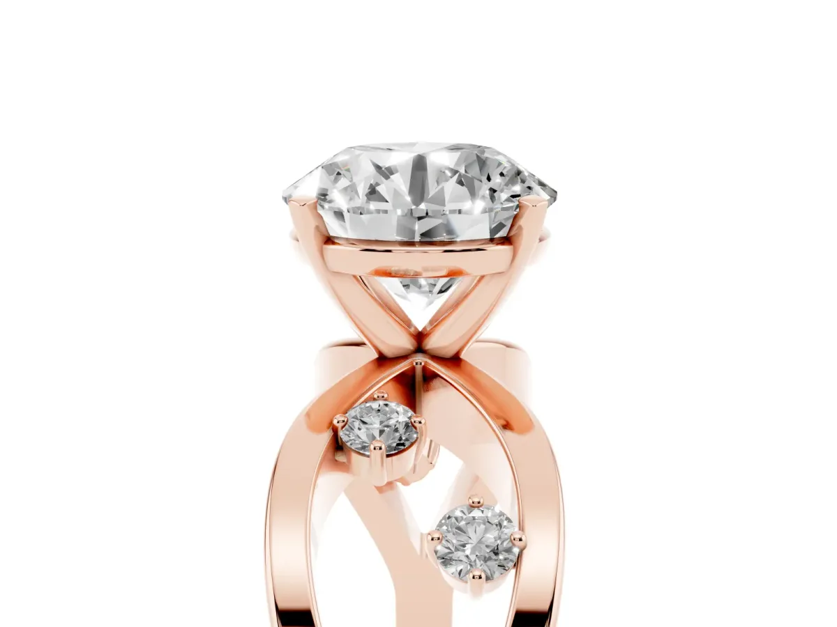 Round Cut Cut Solitaire Diamond with Side Stones on Criss-Cross Band and Four-Prong Setting Rose gold