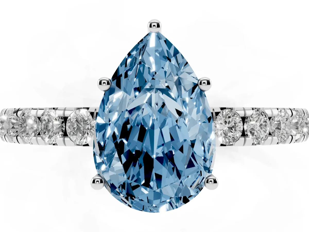 Fancy Blue Pear Cut Diamond Pavé Solitaire Engagement Ring with Four-Prong Setting Platinum