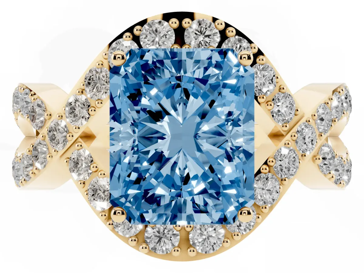 Fancy Blue Radiant Cut Solitaire Twist Band Pavé Diamond Engagement Ring Yellow gold