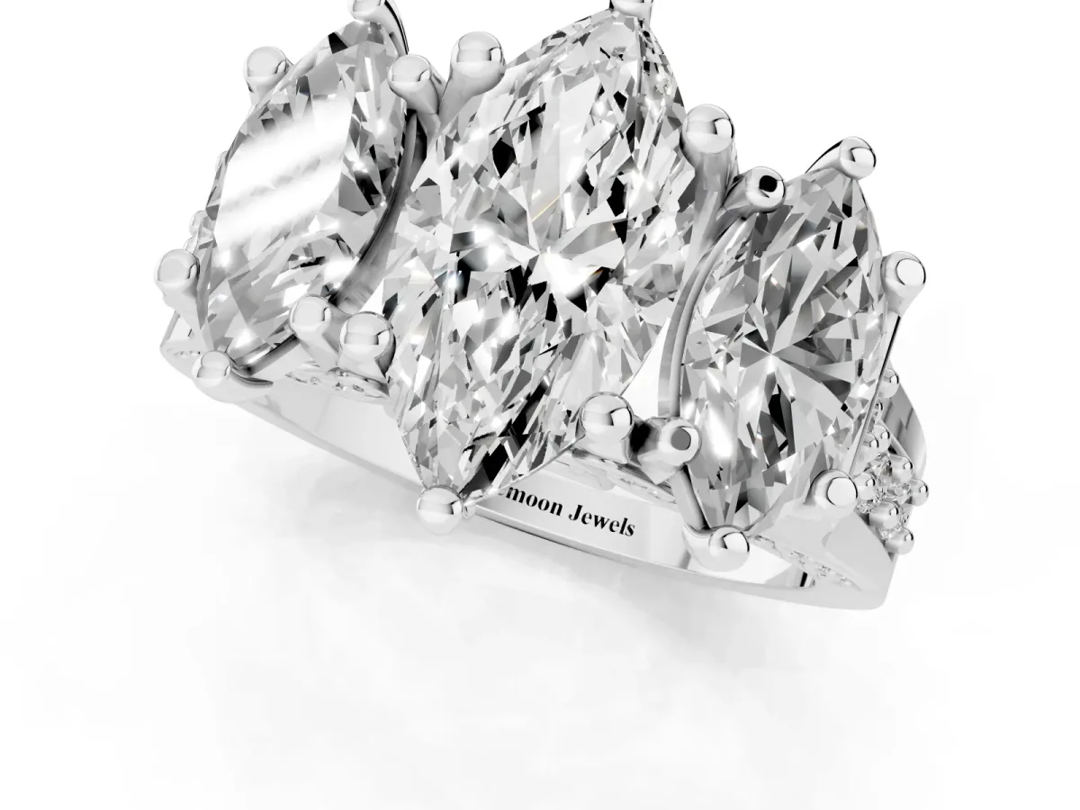 Marquise Cut Diamond Three-Stone Ring with Channel Set Band and Four-Prong Setting Silver