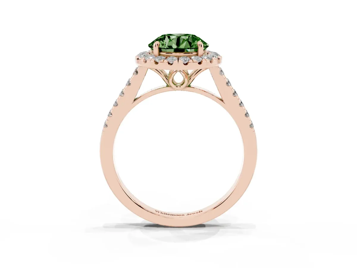 Fancy Green Round Cut Halo Pavé Diamond Engagement Ring with Four-Prong Setting Rose gold