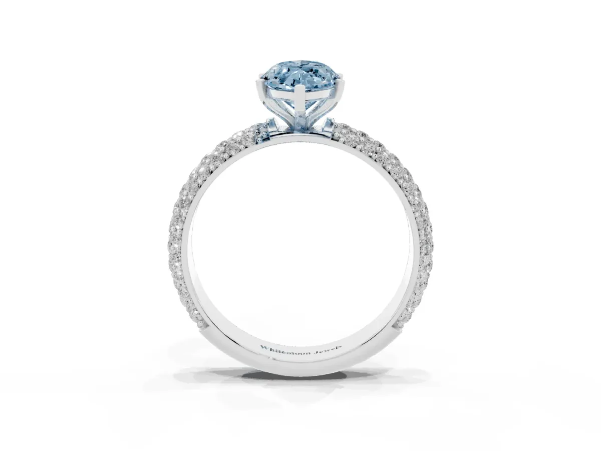 Fancy Blue Marquise Cut Diamond Solitaire Ring with Prong Setting and Pavé Band Silver