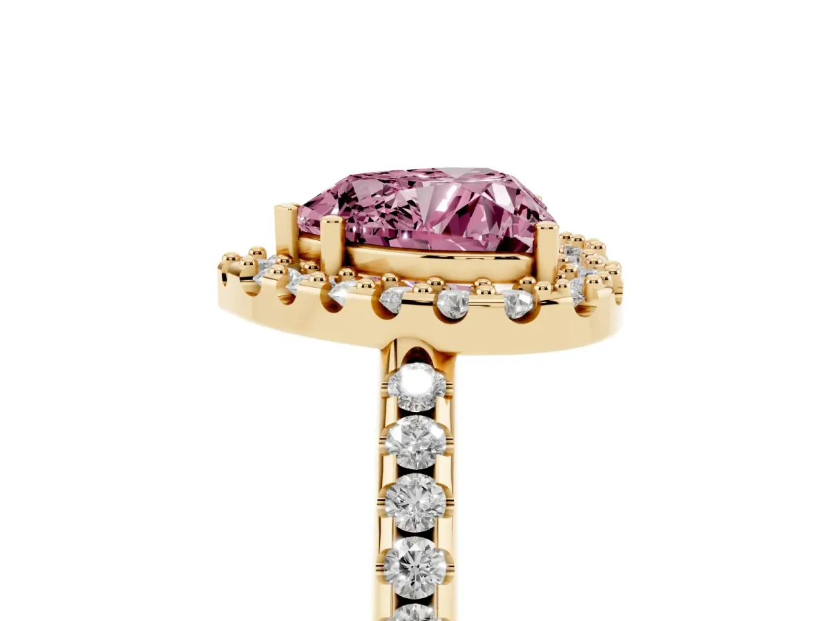 Fancy Pink Heart Cut Diamond Pavé Halo Ring with Four-Prong Setting Yellow gold
