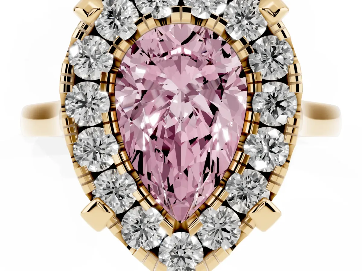 Fancy Pink Pear Cut Diamond Cluster Halo Solitaire with Four-Prong Setting Yellow gold