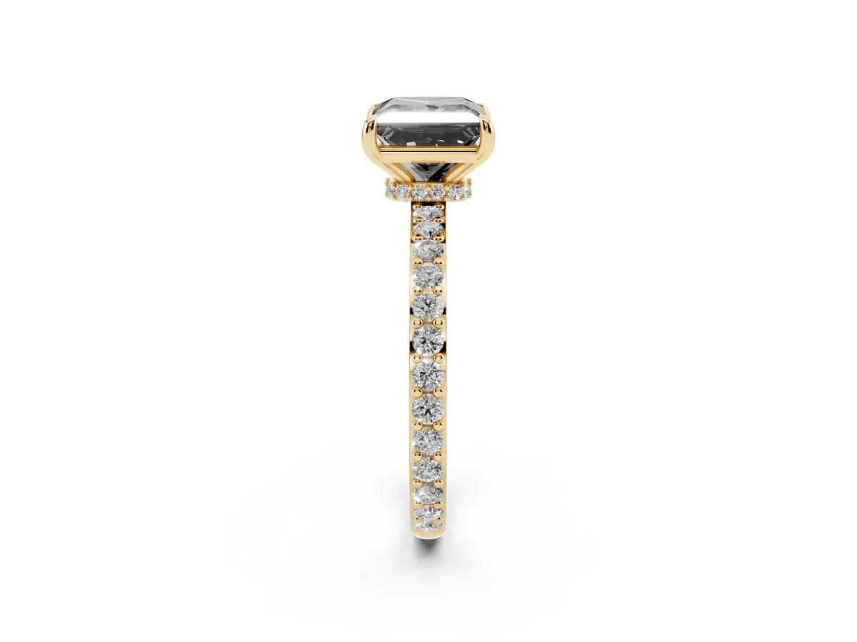 Fancy Black Princess Cut Diamond Pavé Engagement Ring with Round Accents and Prong Setting Yellow gold