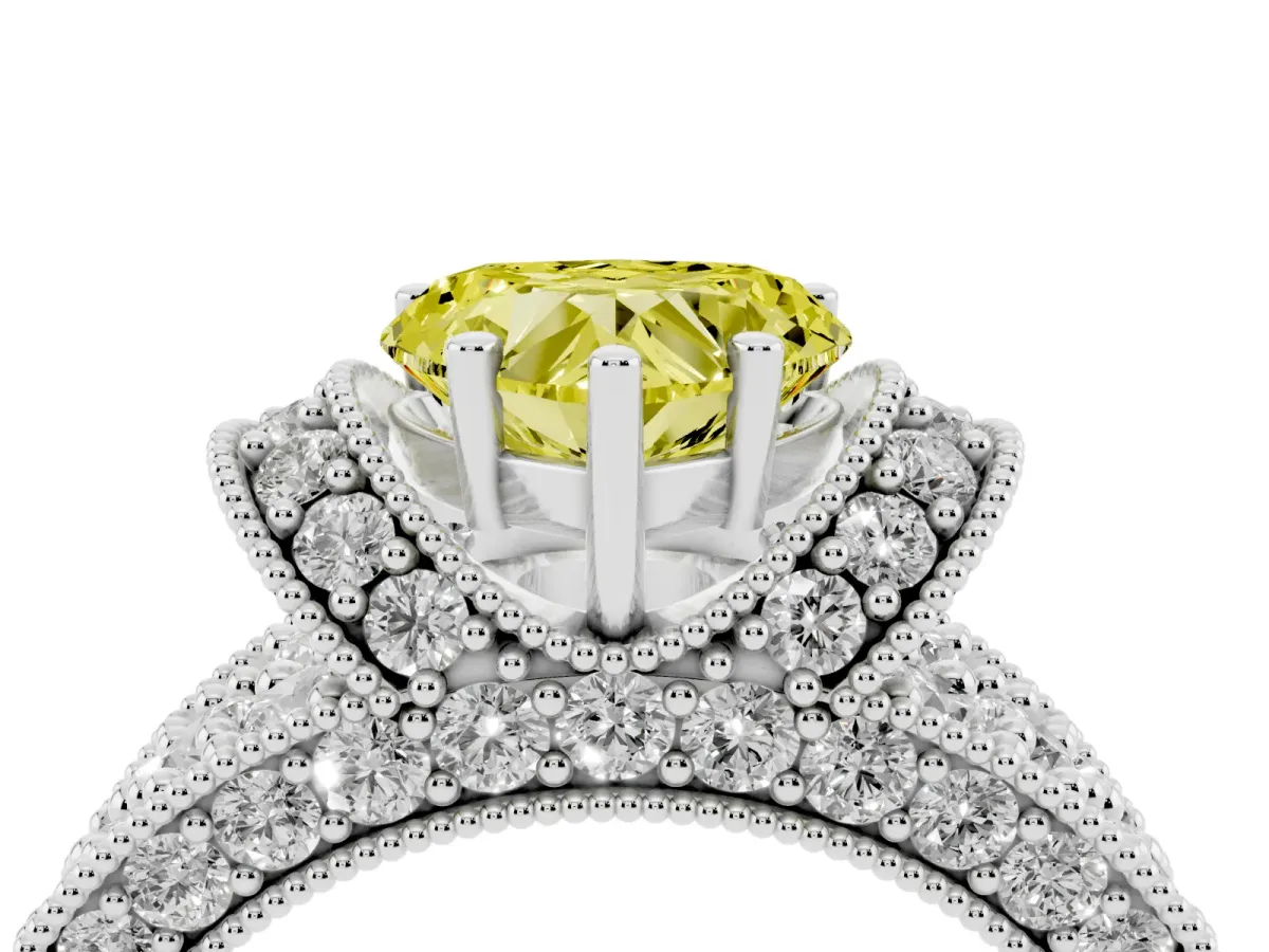 Fancy Yellow Heart Cut Halo Pave Diamond Engagement Ring with Milgrain Detailing White gold