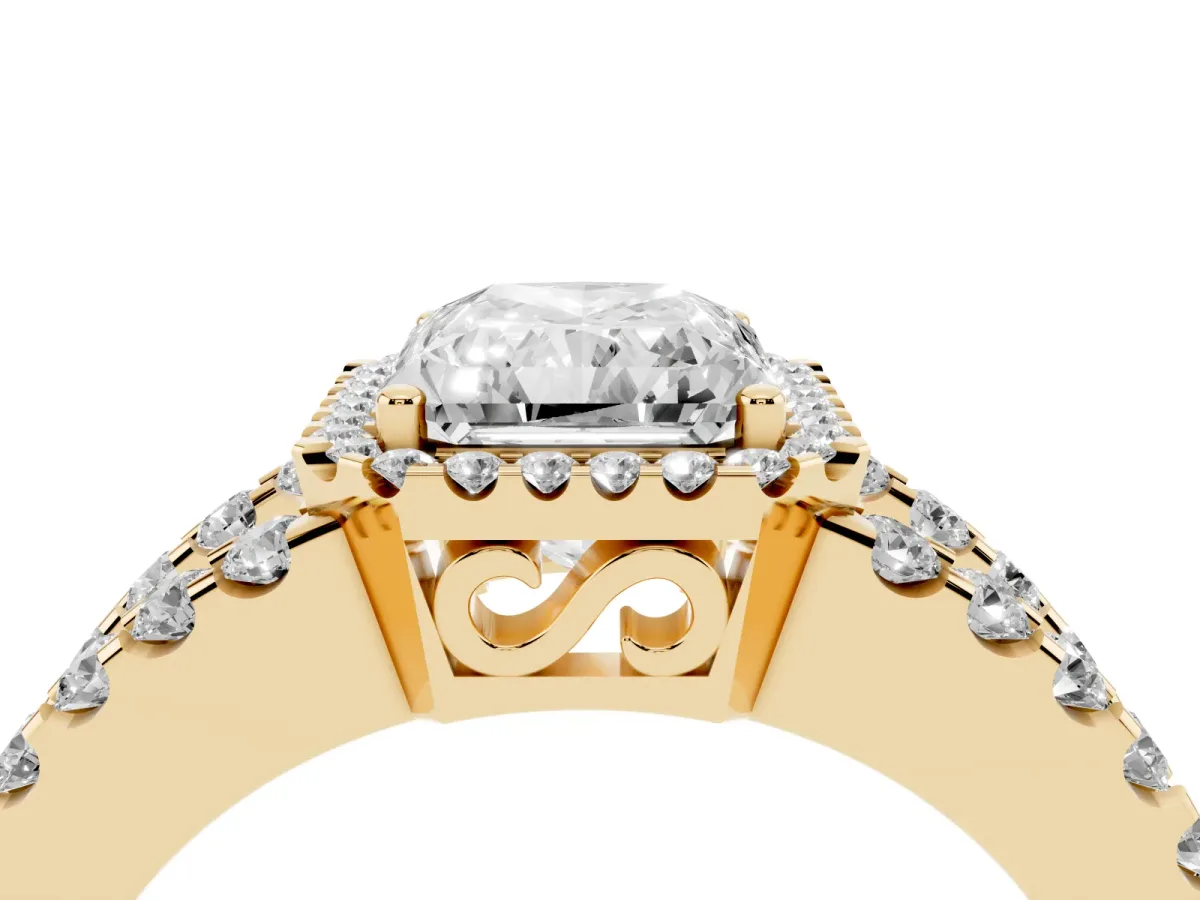 Radiant Cut Cut Halo Split Shank Diamond Ring with Four-Prong Setting Yellow gold