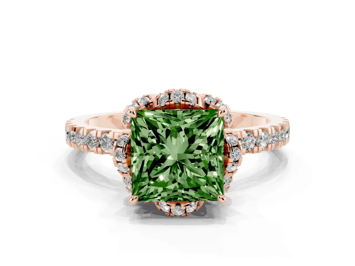 Fancy Green Princess Cut Diamond Halo Pave Band with Four-Prong Setting Rose gold