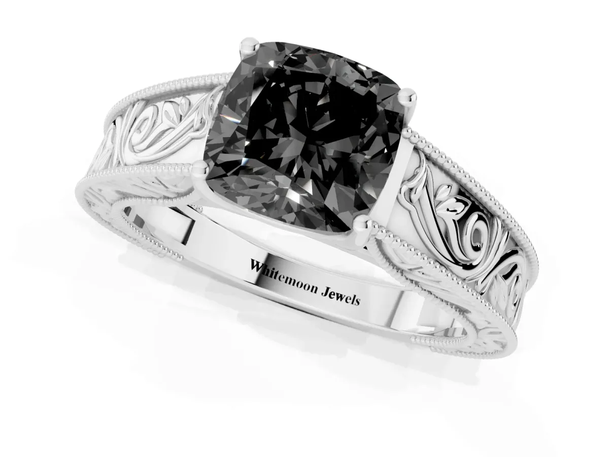 Fancy Black Cushion Cut Diamond Solitaire Ring with Engraved Band and Four-Prong Setting Silver