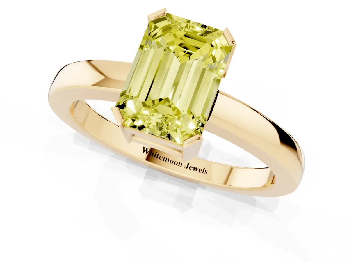 Fancy Yellow Emerald Cut Cut Solitaire Ring with Four-Prong Setting and Classic Band Yellow gold