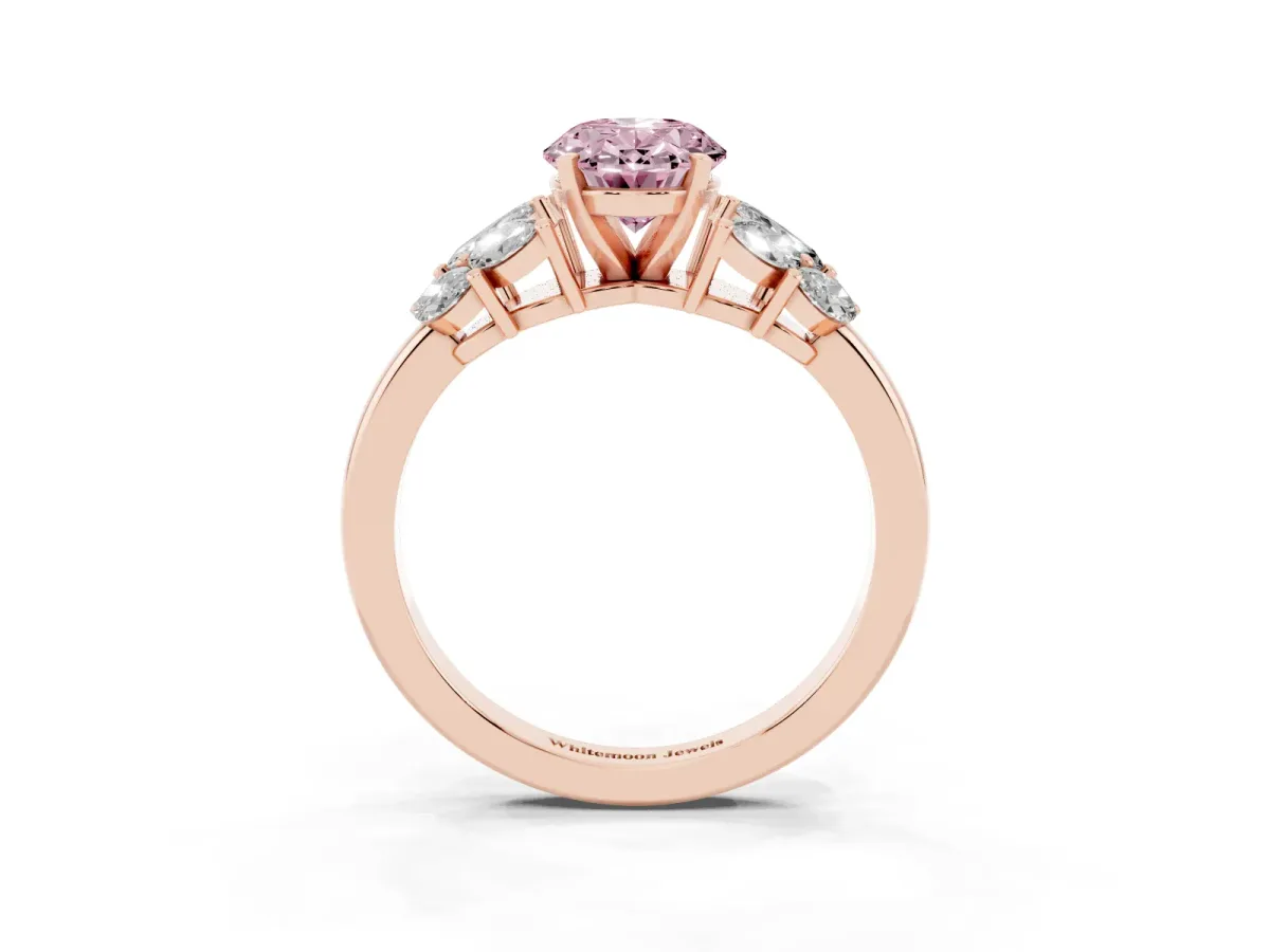 Fancy Pink Oval Cut Diamond Cluster Leaf Design Ring with Prong Setting Rose gold