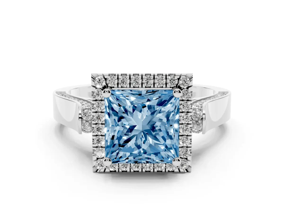 Fancy Blue Princess Cut Halo Round Diamond Twist Band with Four-Prong Setting White gold