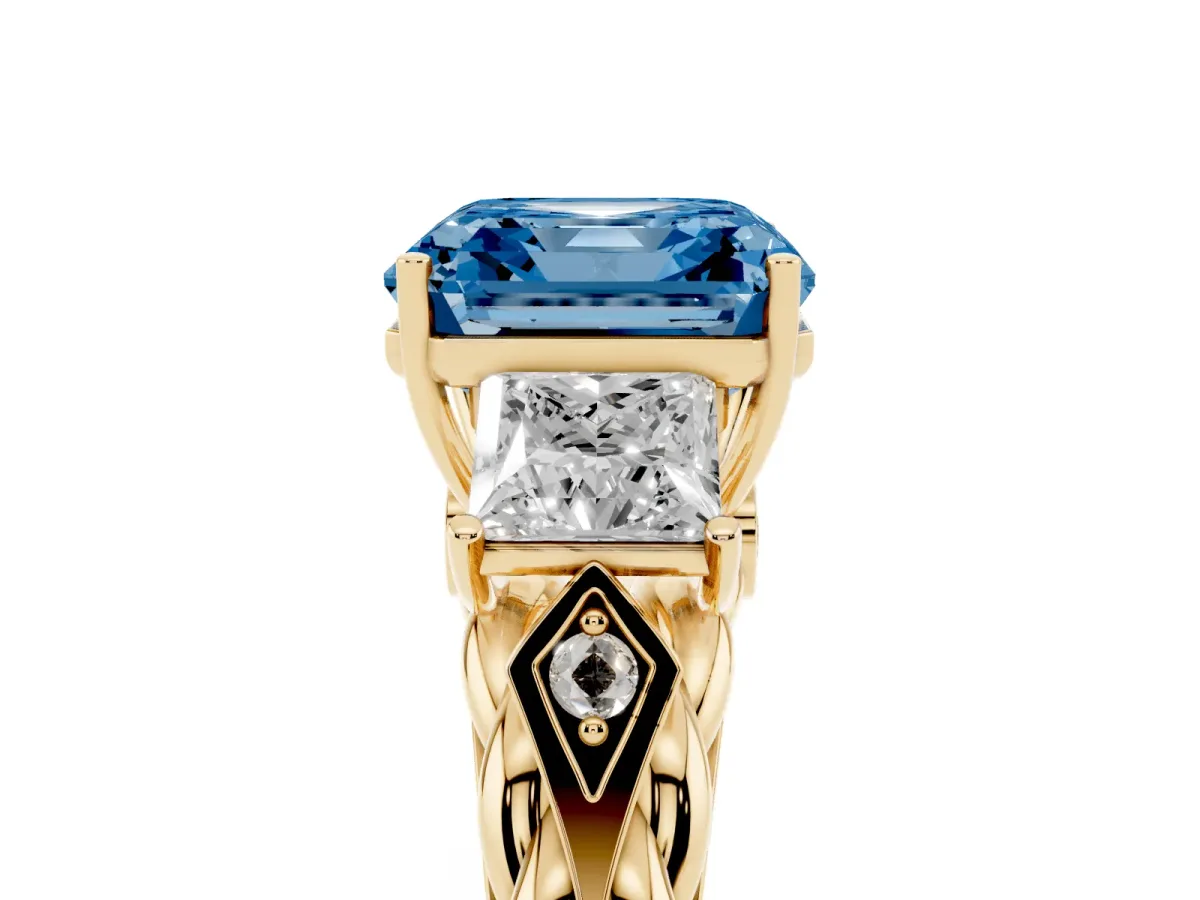 Fancy Blue Three-Stone Asscher Cut Diamond Braided Band Ring with Four-Prong Setting Yellow gold