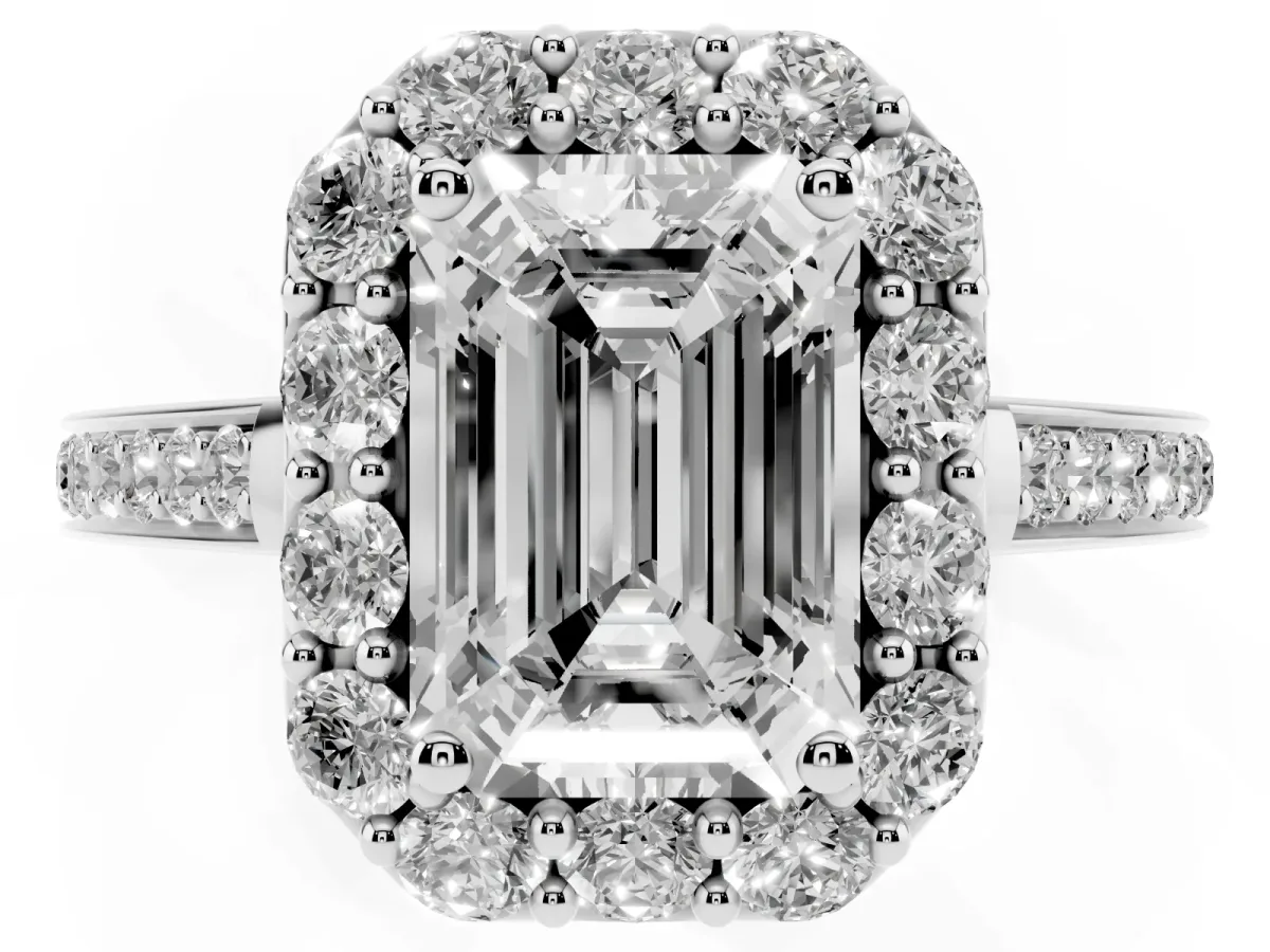 Emerald Cut Diamond Floral Halo Ring with Pavé Band and Prong Setting Platinum
