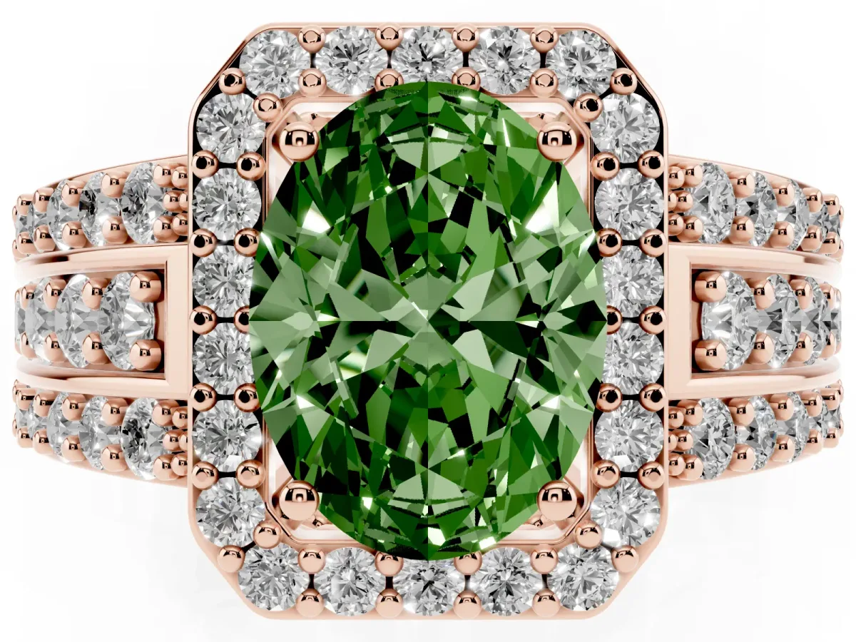Fancy Green Oval Cut Halo Diamond Ring with Round Split Shank and Prong Setting Rose gold