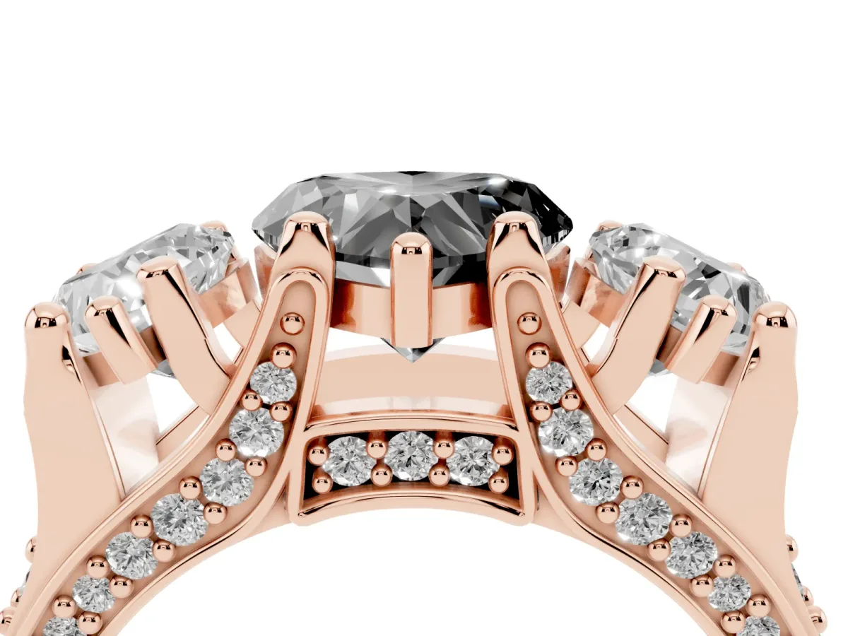 Fancy Black Heart Cut Diamond Three-Stone Ring with Channel Set Band and Four-Prong Setting Rose gold