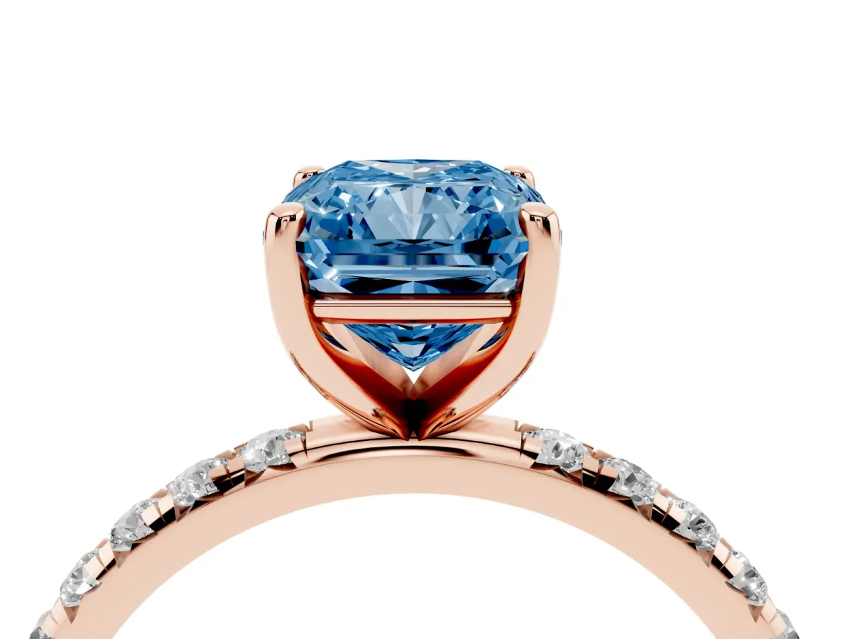Fancy Blue Radiant Cut Cut Diamond Solitaire Ring with Micro Pave Band and Four Prong Setting Rose gold