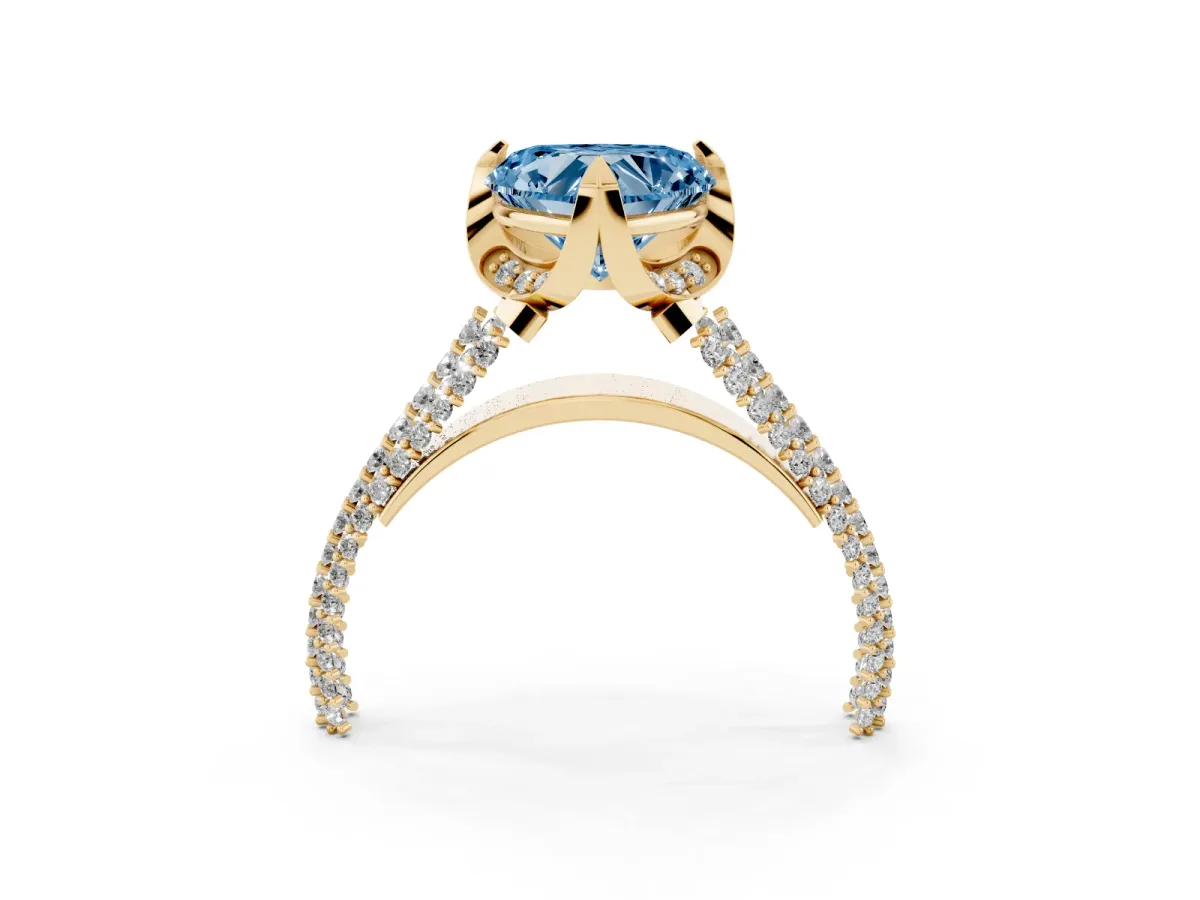 Fancy Blue Heart Cut Solitaire Pave Split Shank Ring with Four-Prong Setting Yellow gold