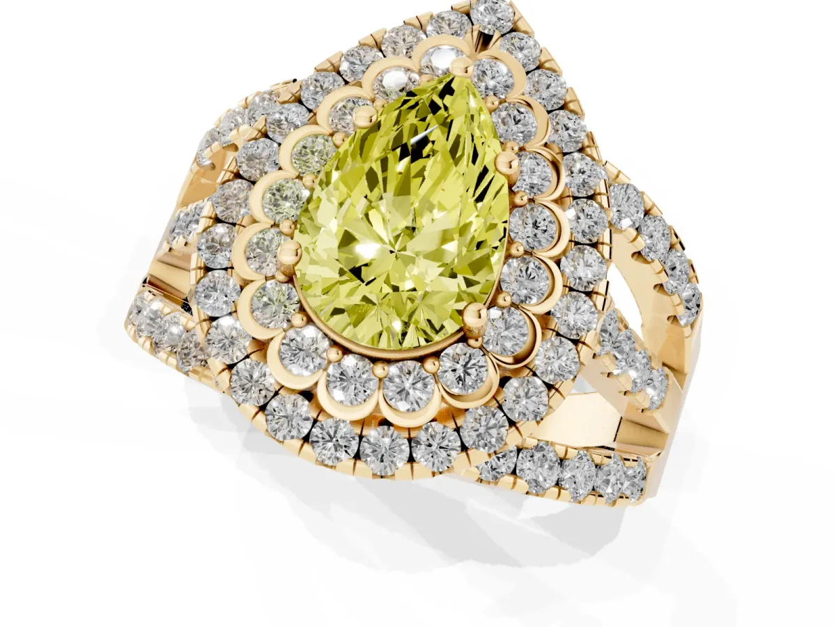 Fancy Yellow Pear Cut Diamond Double Halo Ring with Round Pavé Split Shank and Prong Setting Yellow gold