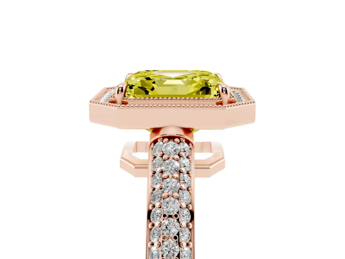 Fancy Yellow Asscher Cut Cut Halo Diamond Pave Band with Four-Prong Setting Rose gold