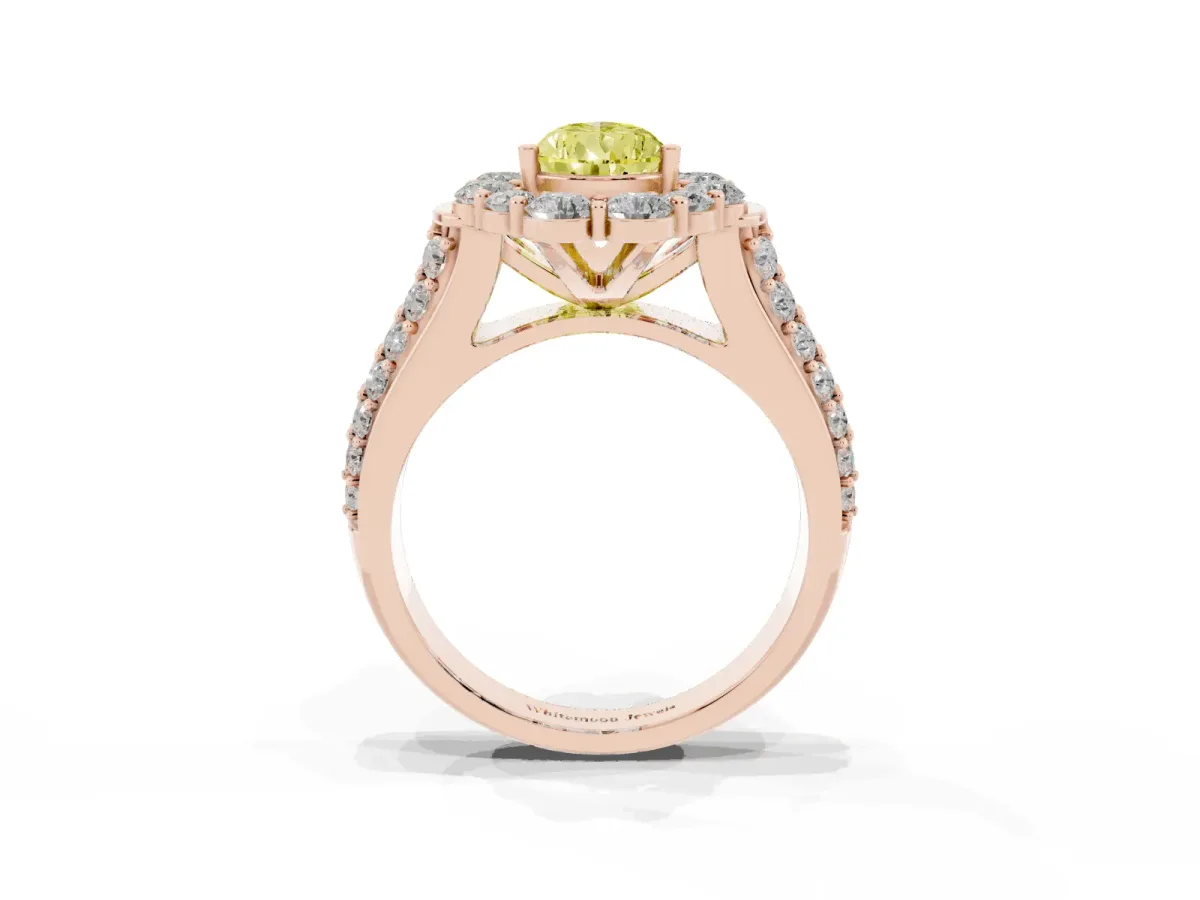 Fancy Yellow Pear Cut Halo Diamond Engagement Ring with Split Shank and Prong Setting Rose gold
