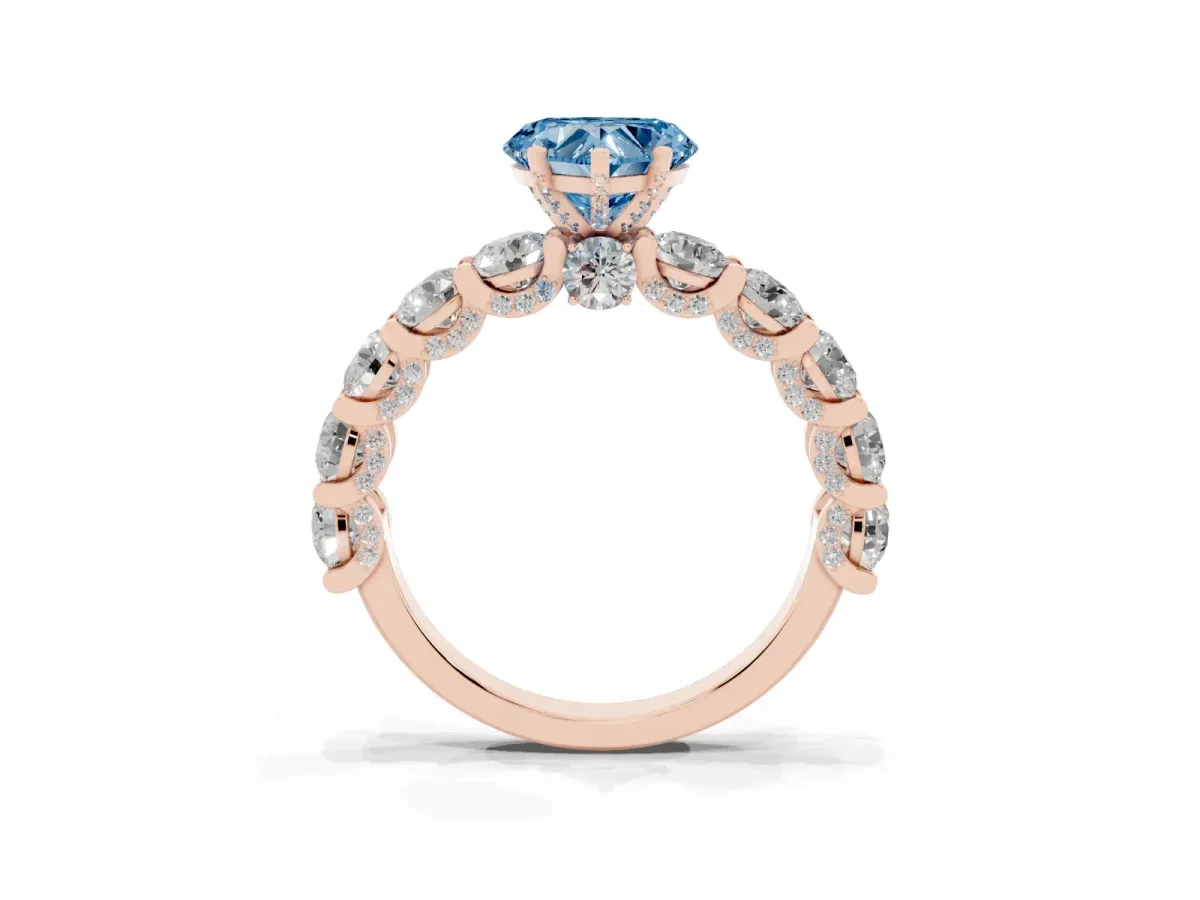 Fancy Blue Heart Cut Diamond Side Stone Engagement Ring with Four-Prong Setting Rose gold
