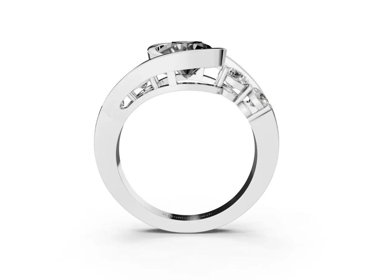 Fancy Black Bezel Set Round Cut Diamond Bypass Ring with Round Accents White gold