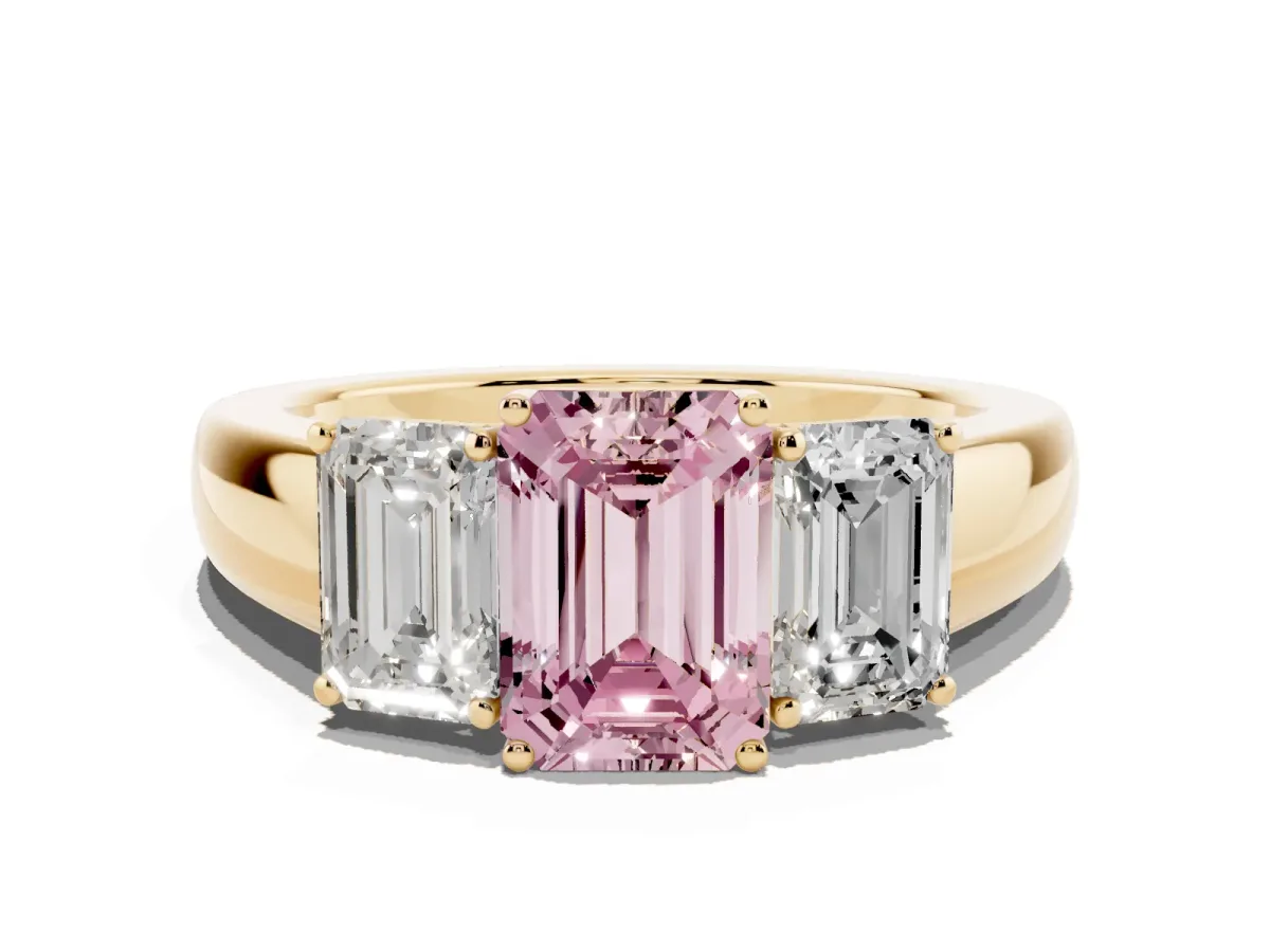 Fancy Pink Three-Stone Emerald Cut Cut Diamond Ring with Prong Setting and Classic Band Yellow gold