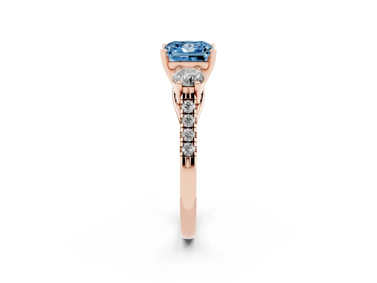 Fancy Blue Three-Stone Princess Cut Diamond Pavé Band with Four-Prong Setting Rose gold