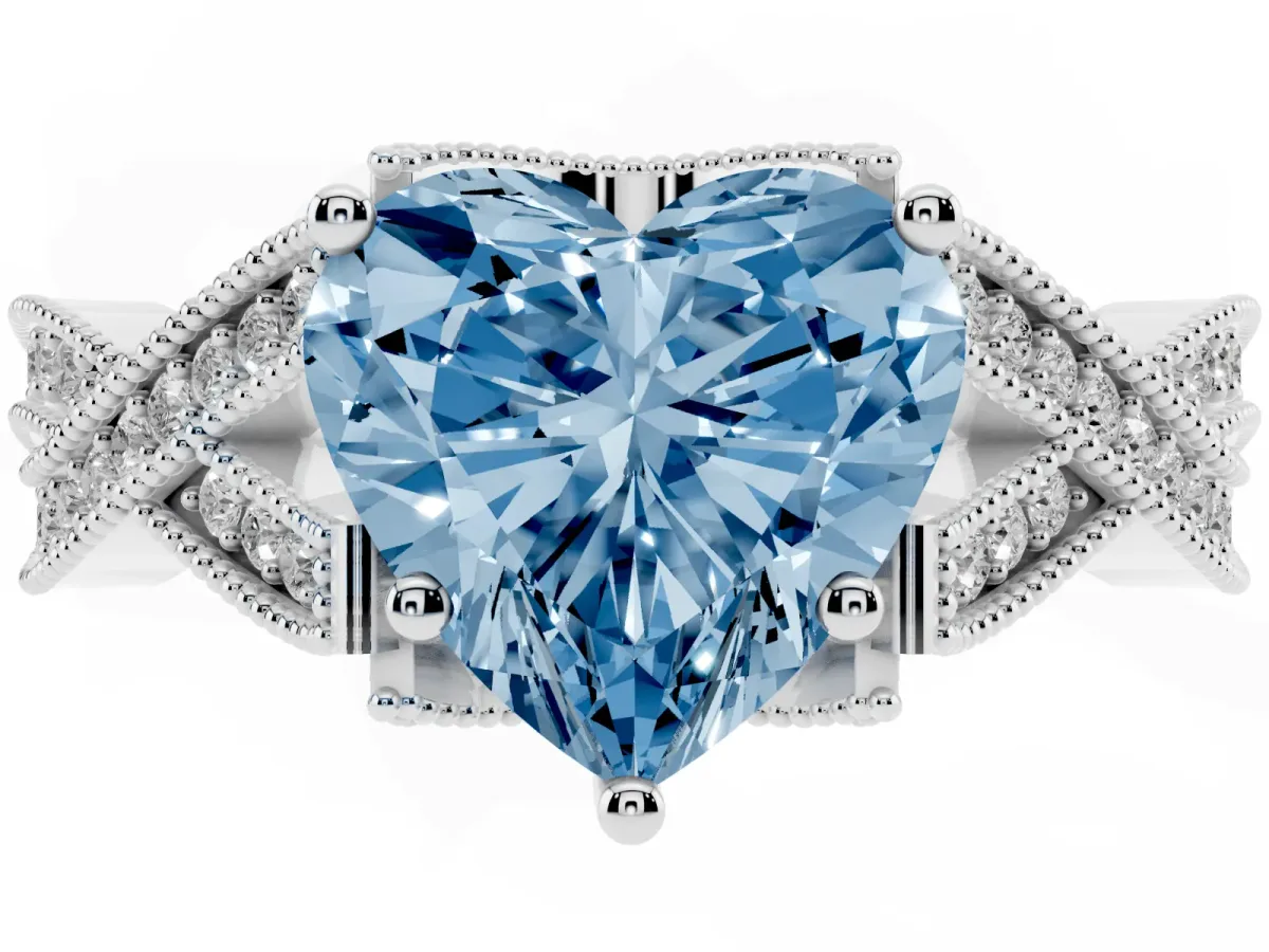 Fancy Blue Heart Cut Cut Diamond Twisted Band with Milgrain Pave Setting and Four-Prong Setting Silver